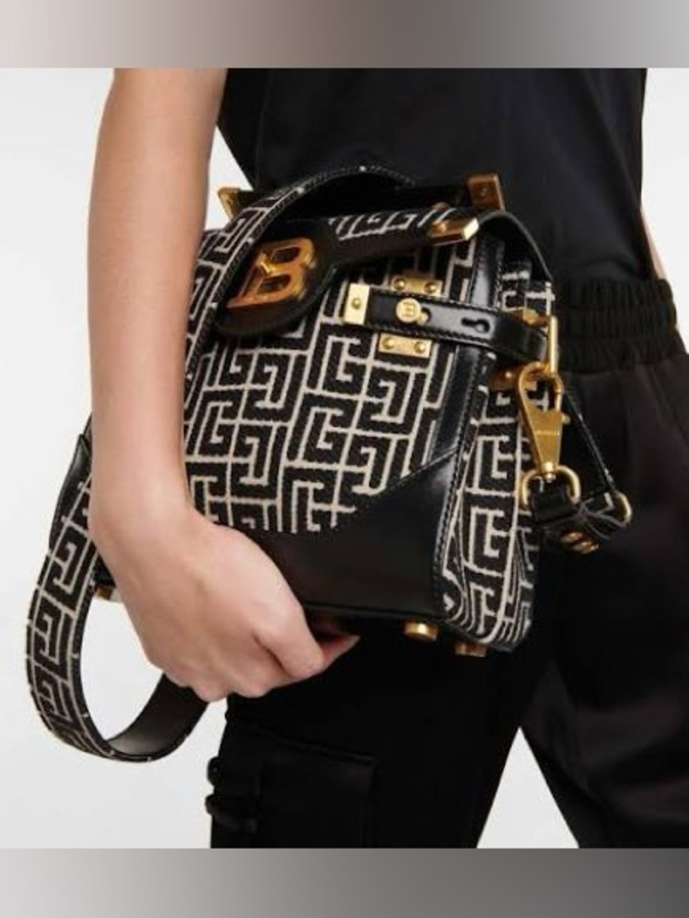 Balmain B-Buzz 23 Black & Ivory Monogram Satchel with Gold Hardware